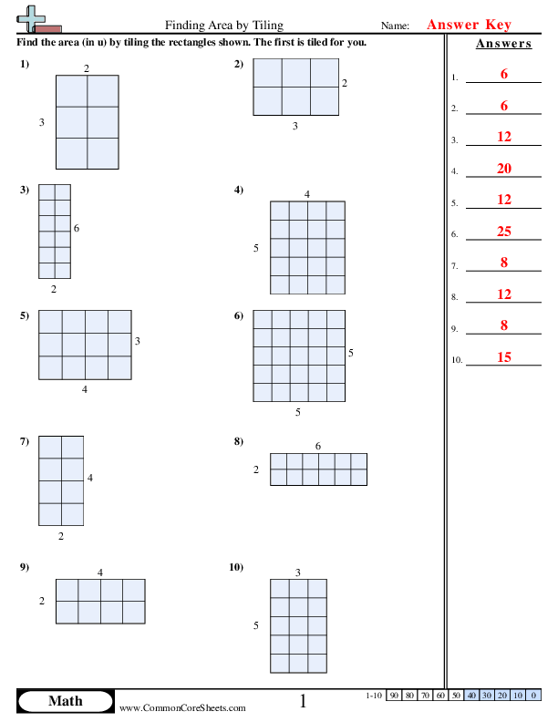 Worksheet for calculating the area of rectangular rooms in a measurement and data exercise