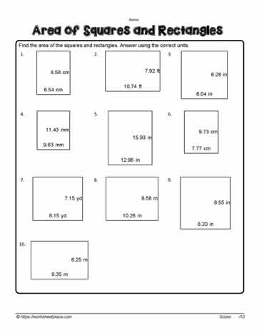 Worksheet featuring calculations for the area of rectangular rooms designed for third graders