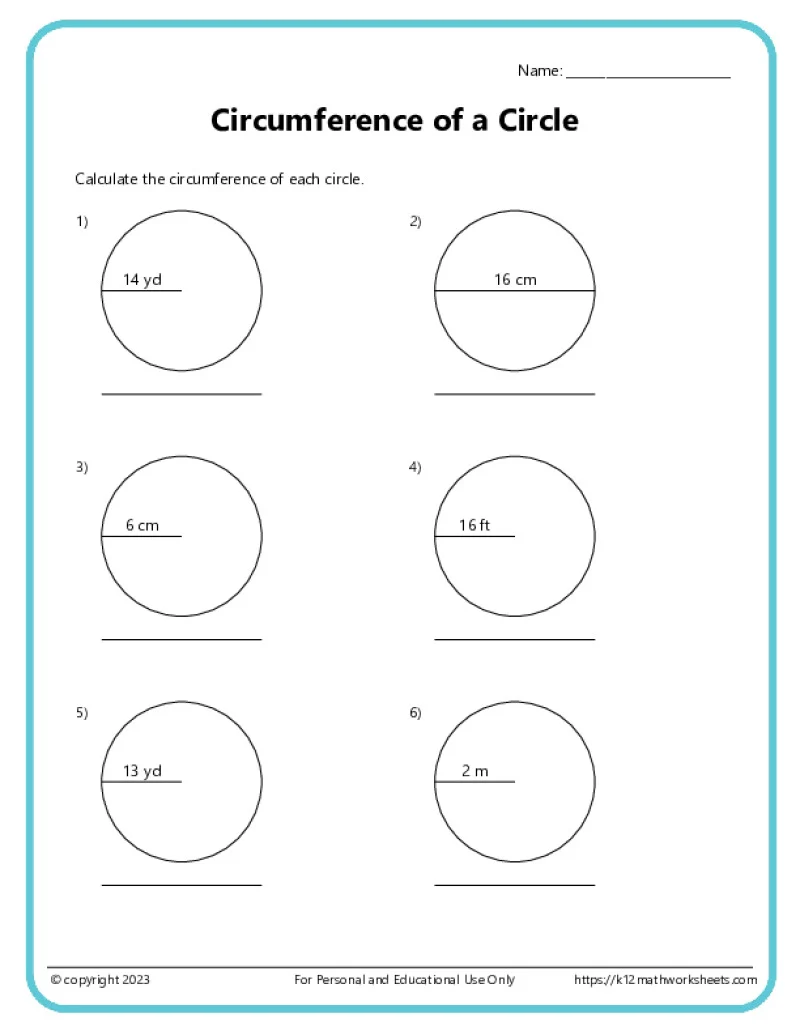 Seventh grade math worksheet featuring area of circles problems with decimals