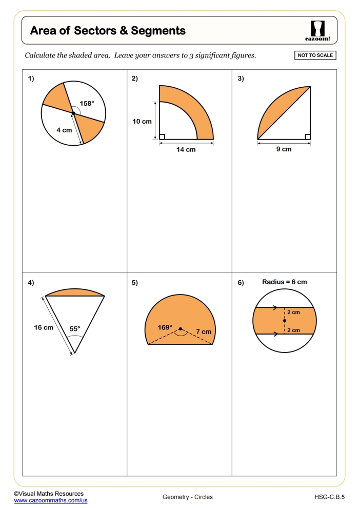 Seventh grade geometry worksheet featuring practice problems for calculating the area of circles with decimal values