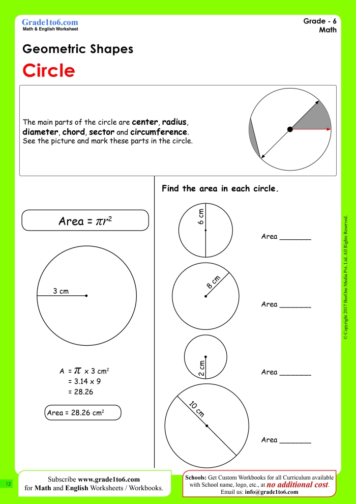 Worksheet for practicing the area of circles for seventh-grade students