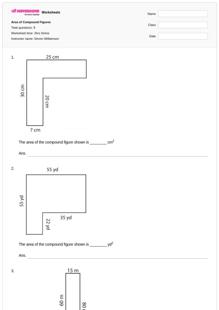 Worksheet for calculating the area of compound figures for sixth graders