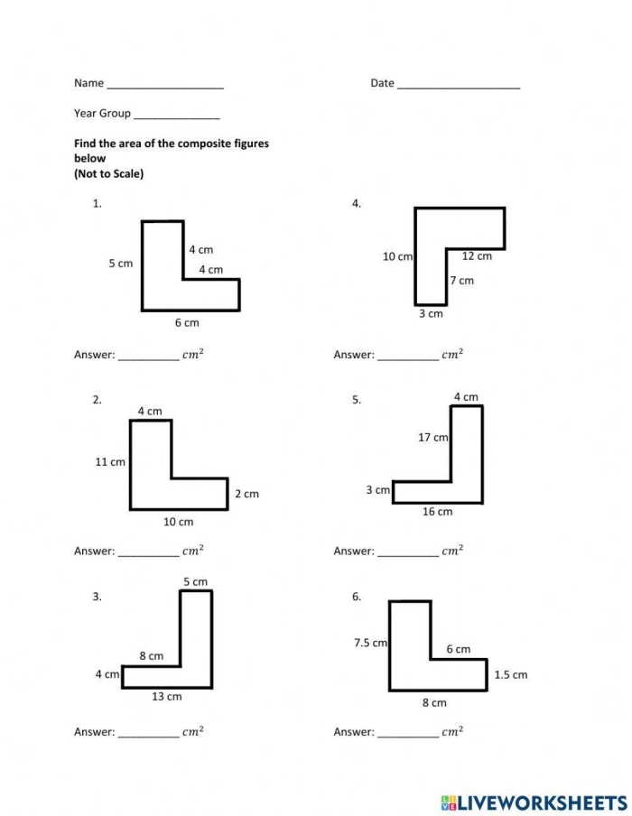 Sixth grade math worksheet focused on calculating the surface area of complex compound shapes