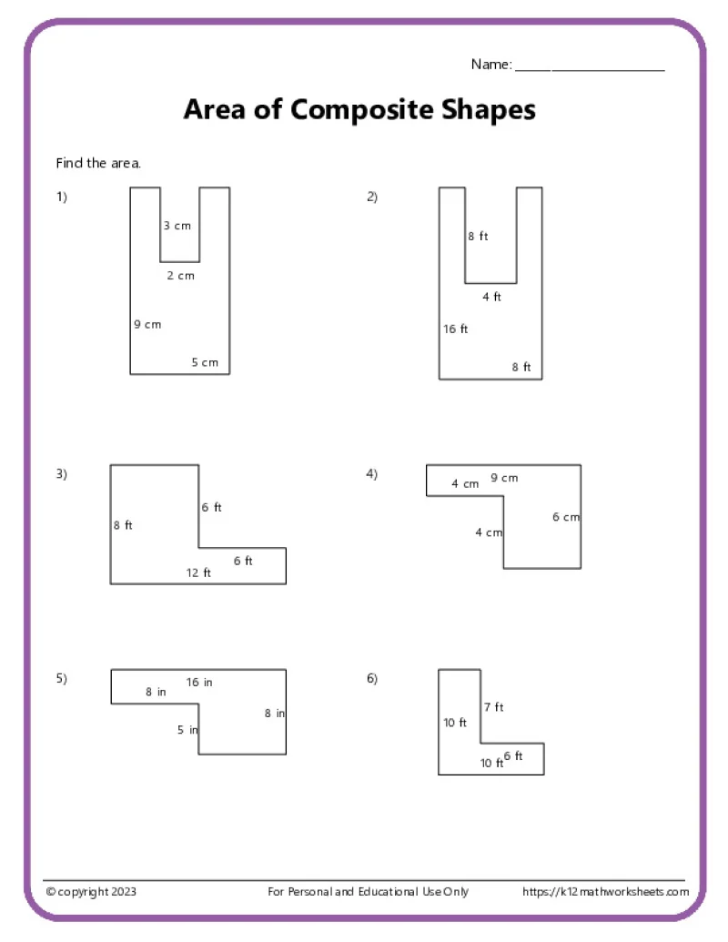 Sixth grade math worksheet focused on calculating the area of various compound geometric shapes