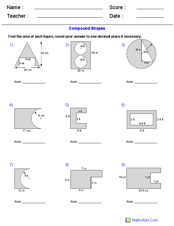 Fourth grade worksheet featuring geometric exercises to calculate the area of complex compound shapes