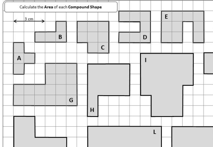 Fourth grade math worksheet for calculating the area of complex compound shapes