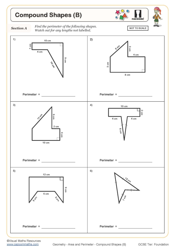 Fourth grade math worksheet for calculating the area of complex compound shapes