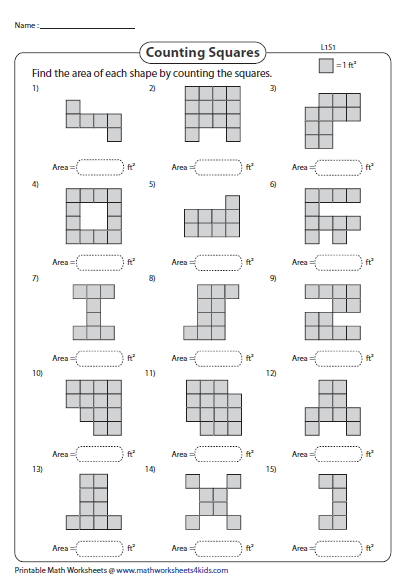 Third grade math worksheet for calculating area by counting unit squares inside various shapes