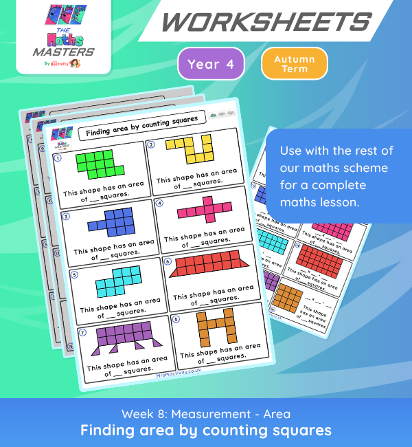 Third grade math worksheet for calculating area by counting unit squares inside various shapes