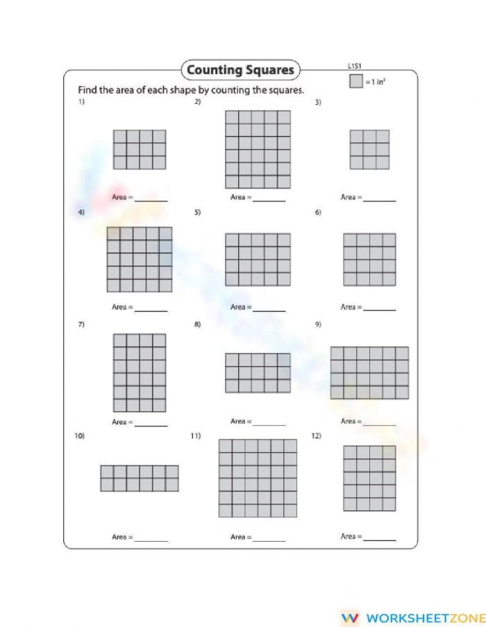 Third grade student counting unit squares to find the area of a geometric shape