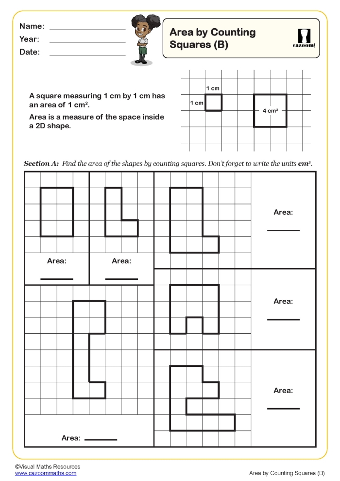 Third grade math worksheet for calculating area by counting unit squares inside various shapes