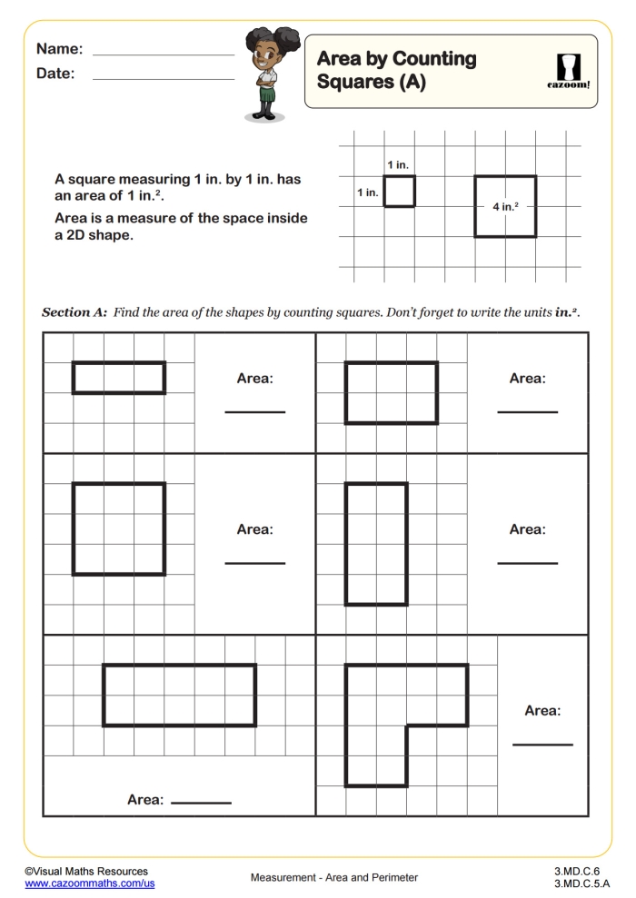 Third grade math worksheet for calculating area by counting individual unit squares within shapes