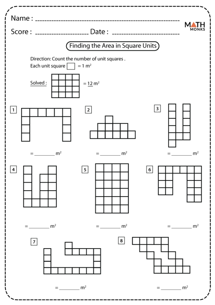 Worksheet for counting unit squares to find the area of geometric shapes
