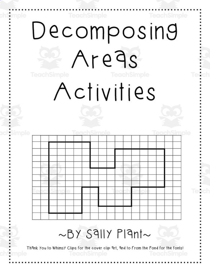 Sixth grade math worksheet showing examples of decomposing polygons into smaller shapes to calculate total area
