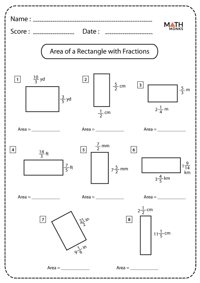 Third grade math worksheet featuring area calculation problems for rectangular rooms