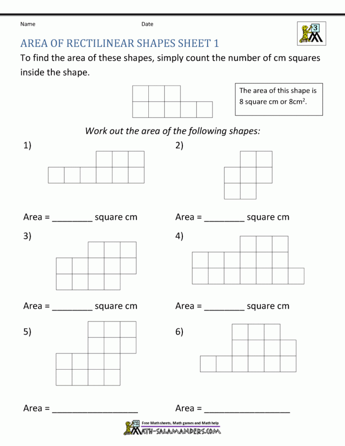 Third grade student calculating the area of various rectangular rooms on a measurement worksheet
