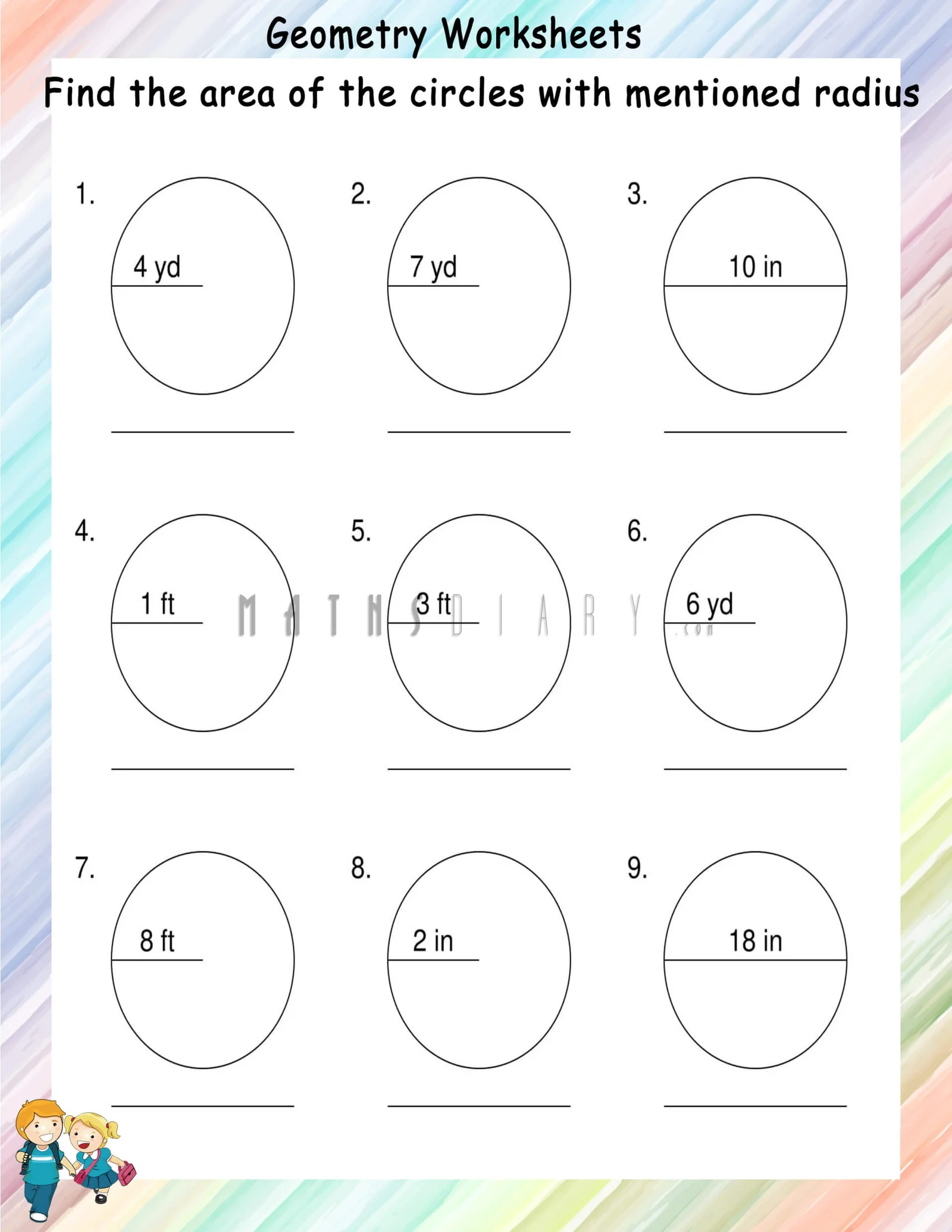 Seventh grade geometry worksheet featuring practice problems for finding the area of circles