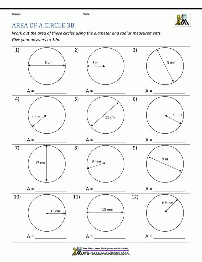 Seventh grade geometry worksheet focusing on calculating the area of circles nine