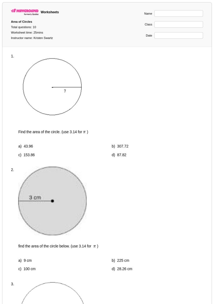 Seventh grade math worksheet featuring area of circles problems with decimal values