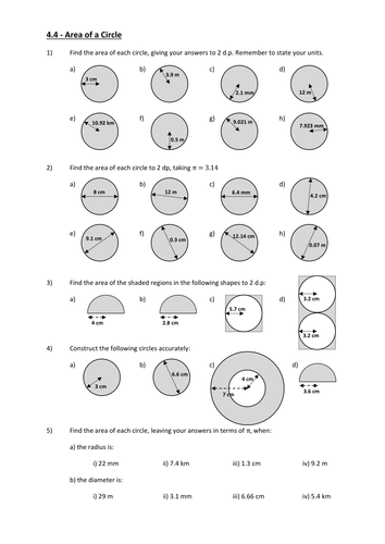 Seventh grade math worksheet featuring area of circles problems with decimal values
