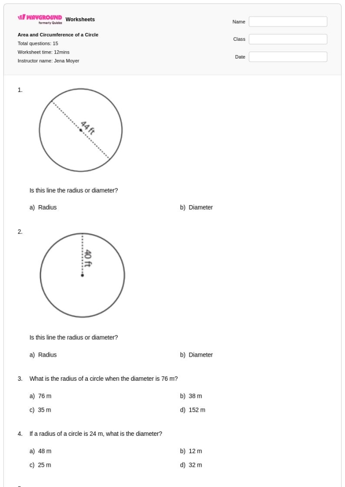 Seventh grade math worksheet featuring decimal calculations for finding the area of circles