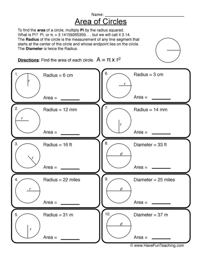 Worksheet for calculating the area of circles designed for seventh-grade students