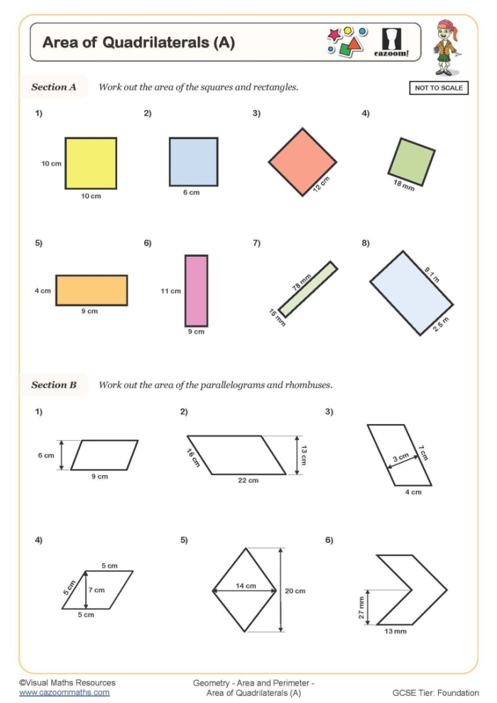 Seventh grade math worksheet featuring geometry problems for calculating the area of circles