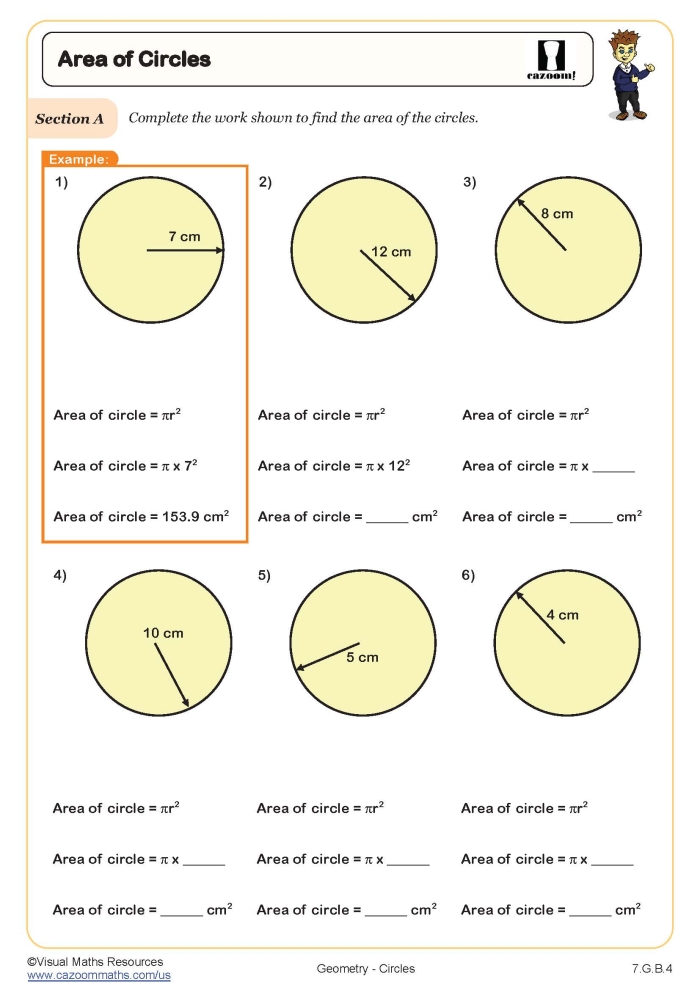 Worksheet for practicing the area of circles for seventh-grade geometry students