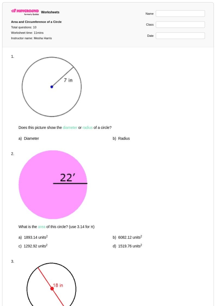 Seventh-grade geometry worksheet on calculating the area of circles using decimals