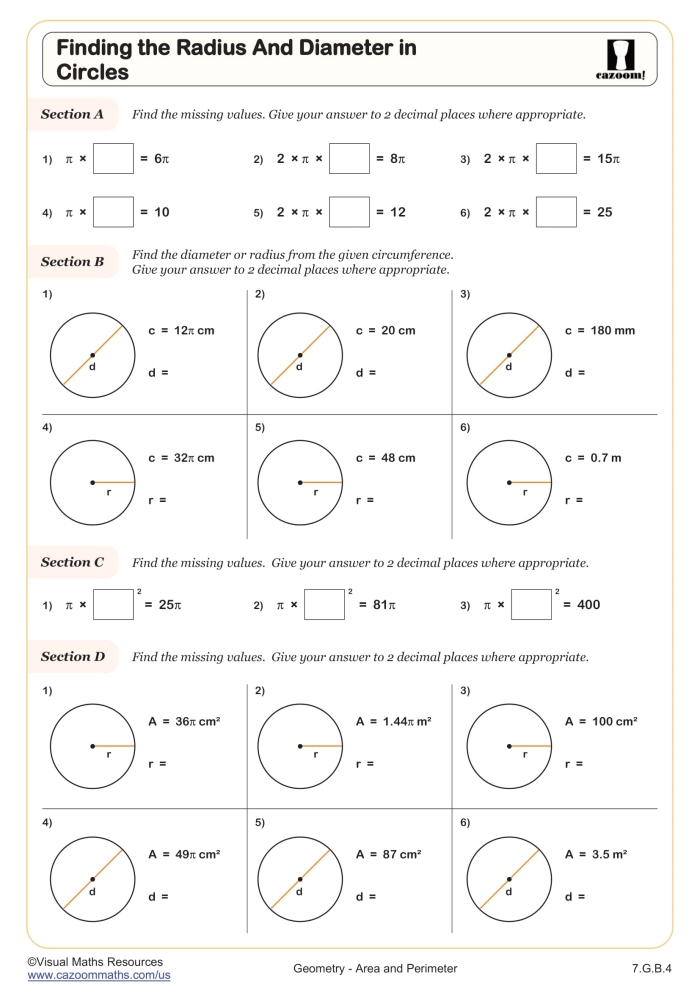 Worksheet for practicing the area of circles for seventh-grade students