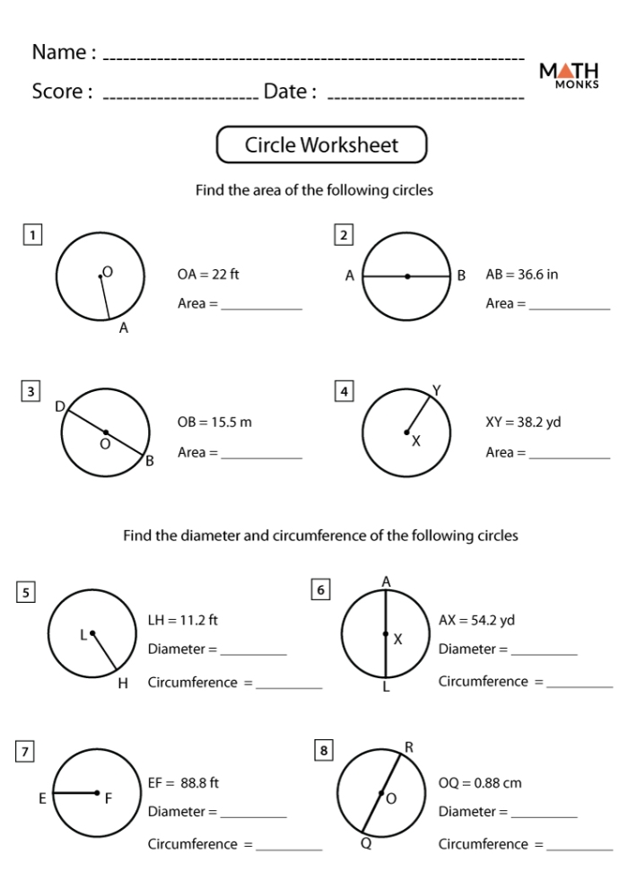 Worksheet for practicing the area of circles for seventh-grade students