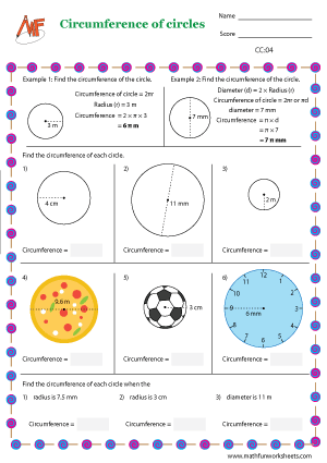 Area of Circles worksheet for seventh-grade students focusing on decimals