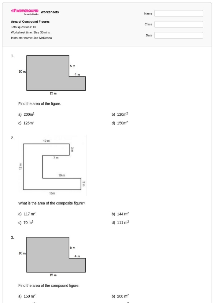 Sixth grade geometry worksheet featuring practice problems on calculating the area of compound figures
