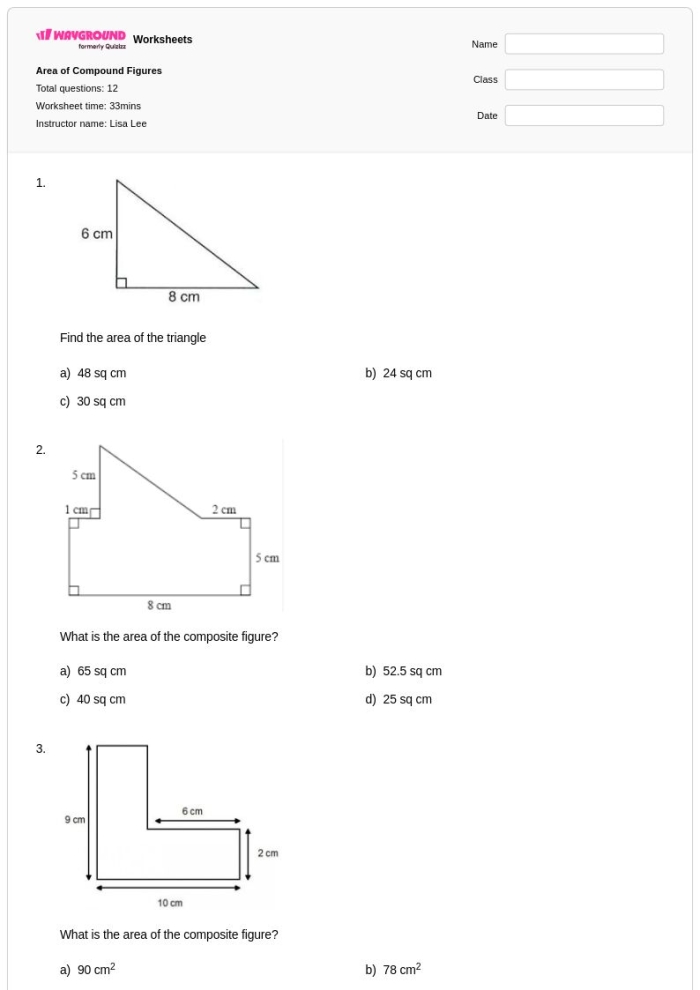 Worksheet for calculating the area of compound figures for sixth graders
