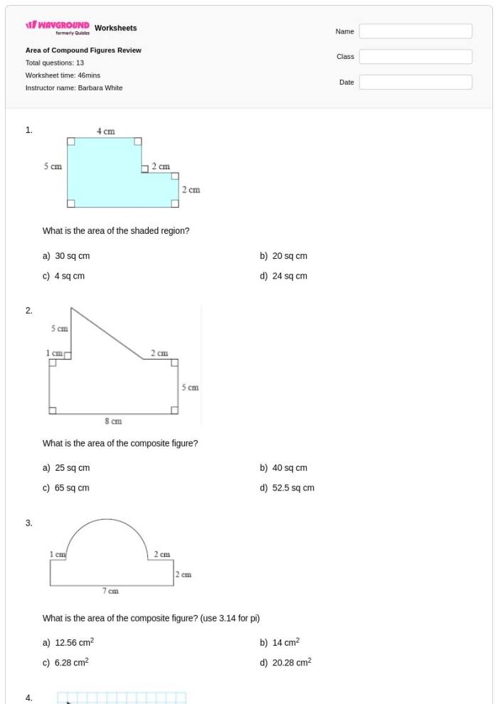 Worksheet featuring sixth graders calculating the area of compound figures