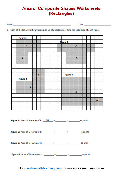 Worksheet featuring area calculations of compound figures for sixth graders