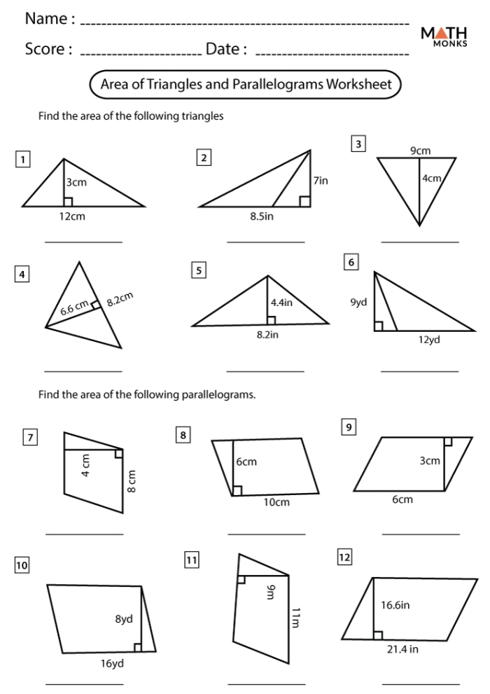 Worksheet featuring various parallelograms for area calculation practice