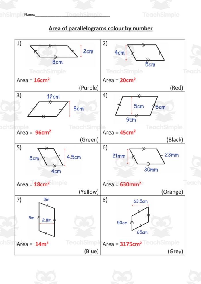 Sixth grade student worksheet for calculating the area of parallelograms using geometric formulas