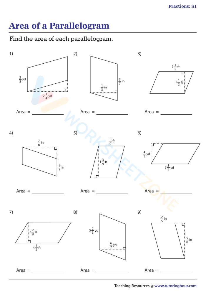 Sixth grade math worksheet showing various geometric parallelograms for area calculations