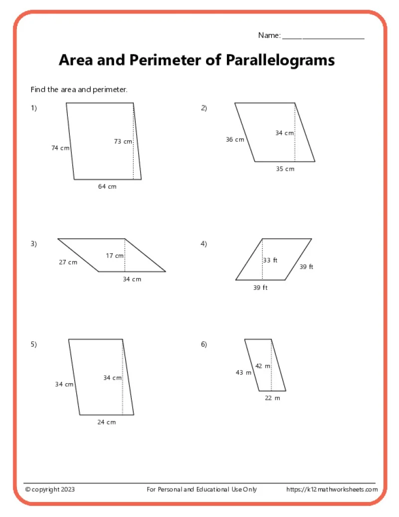 Worksheet for calculating the area of parallelograms with example problems