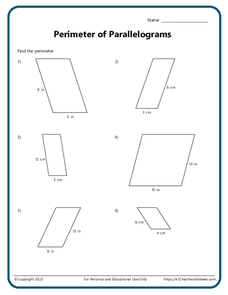 Worksheet featuring various parallelograms for area calculation practice