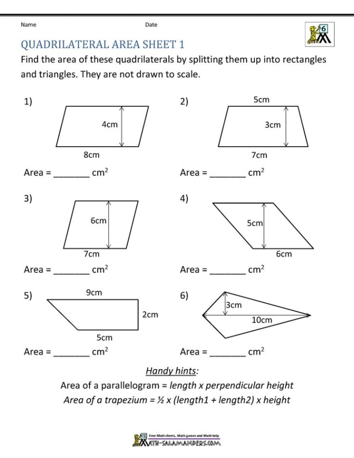 Worksheet featuring various parallelograms for area calculation practice