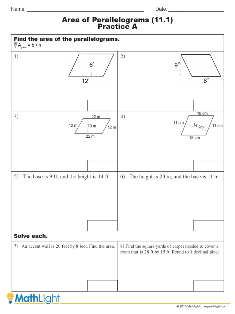 Worksheet featuring various parallelograms for area calculation practice