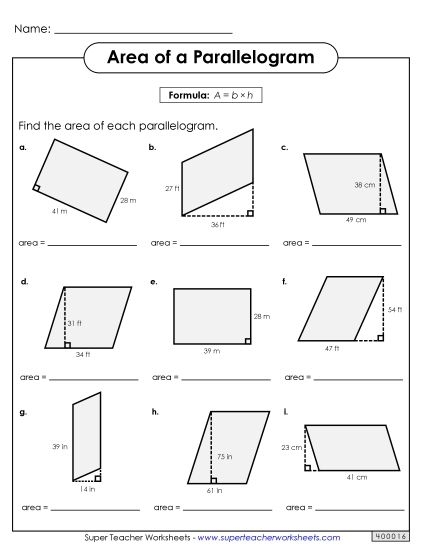 Worksheet featuring the formula for calculating the area of parallelograms for sixth-grade students