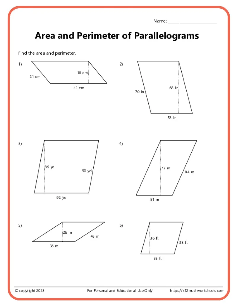 Sixth grade math worksheet for calculating the area of parallelograms