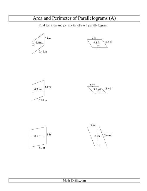 Students calculating the area of parallelograms on a math worksheet