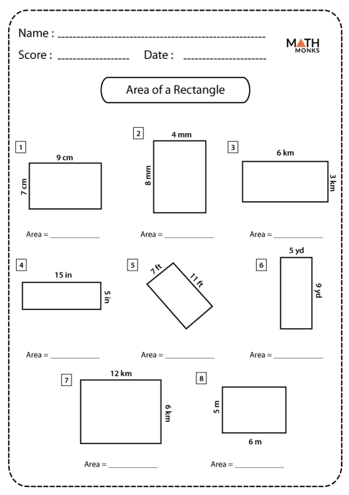 Third grade student calculating the area of rectangular rooms on a measurement worksheet