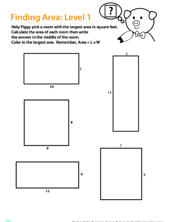 Third grade math worksheet for calculating the area of rectangular rooms