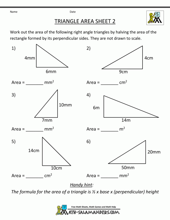 Colorful right triangle area practice exercise for middle school geometry learners Sixth grade student solving triangle area problems on a geometry practice worksheet with right triangles
