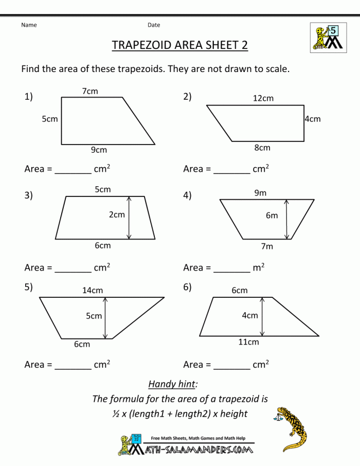 Worksheet for calculating the area of trapezoids tailored for sixth graders